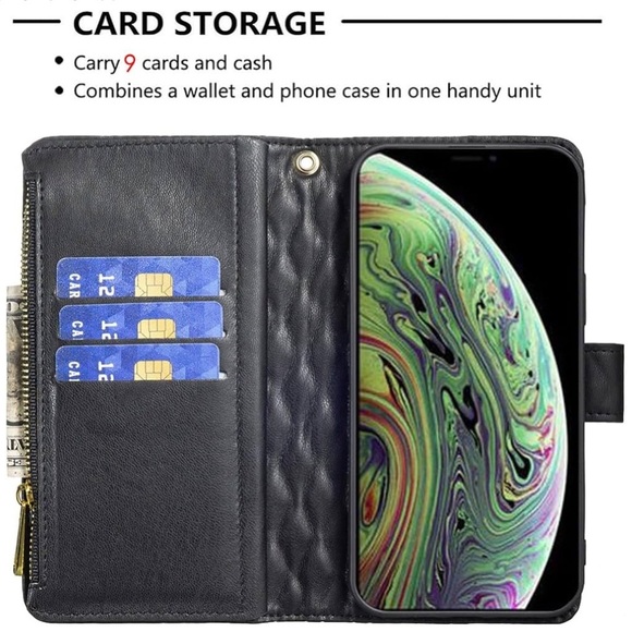 Black Quilted iPhone Xs, X Wallet Cover with Flip Credit Card Holder Stand - Picture 5 of 9